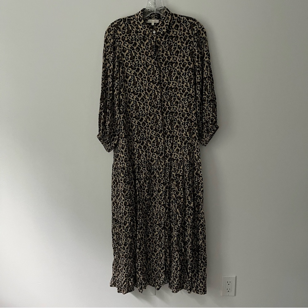 Ann Mashburn Leopard Animal Print Button Down Midi Flowy Dress Drop Waist Small